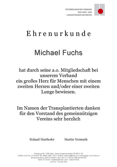 Ehrenurkunde Michael Fuchs Ehrenurkunde Michael Fuchs