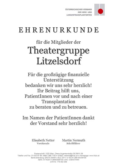 Ehrenurkunde Theatergruppe Litzelsdorf Ehrenurkunde Theatergruppe Litzelsdorf
